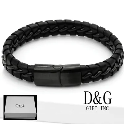 DG Mens 8 Black Braided Leather Magnetic Bracelet Stainless Steel Ion Plated BOX • $17.99