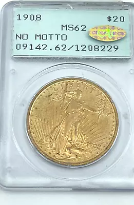 1908 No Motto $20 Gold St. Gaudens PCGS MS62  Old Green Rattler Gold Bean Cac • $3495