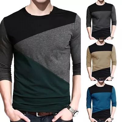 Trendy Men's Slim Fit T Shirt Top Vintage Round Neck Contrast Color Long Sleeve • $26.27