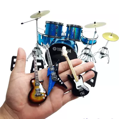 Miniature Drum Set + 3 Guitar Instrument Music Band Replica Blue Scale 1:6 • $41.50