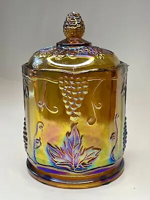 Vintage Carnival Glass Cannister Candy/Sugar/Cookie Jar Amber Grape/Leaf Design • $29.99