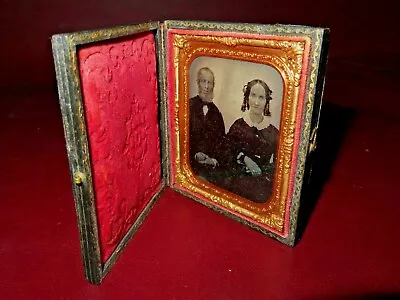 Antique Black & White Daguerreotype Photograph Of Couple In 4  Tall Leather Case • $113.75