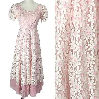 Vintage 1964-1973 Maxi Dress  Nadine  Daisys Lace Puff Sleeve Ruffle Hem Pink • $65