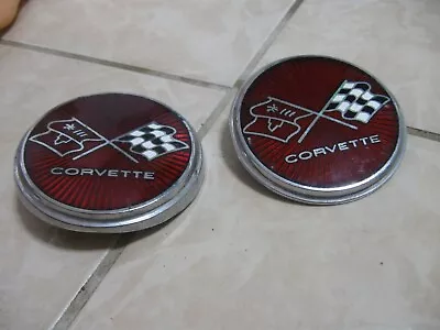 (2) 1960s 70s VINTAGE CHEVY CORVETTE CHECKERED FLAG METAL EMBLEMS NICE LOOK • $7.99