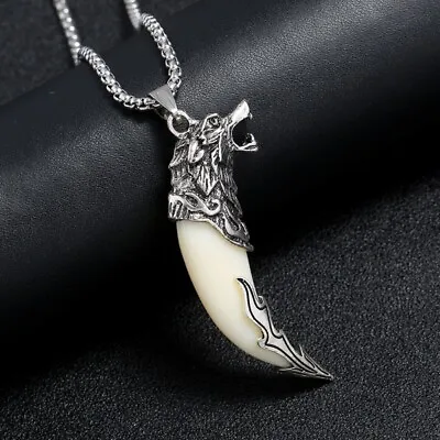 Men's Fashion Jewelry Silver Viking Wolf Ivory Pendant Necklace 1-126 • $11.66