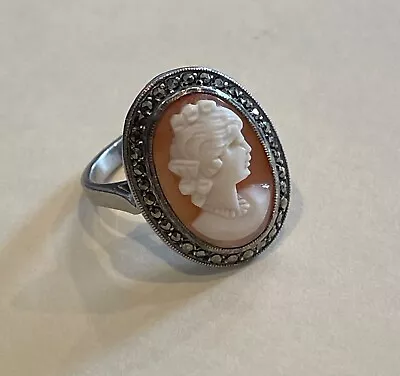 Vintage Sterling Silver Carved Shell Cameo Ring W/marcasite Stones Size 5.75 • $49