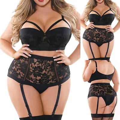 £9.29 • Buy Plus Size Women Lace Sexy Lingerie Push Up Bra Briefs Garter Belt Underwear Set