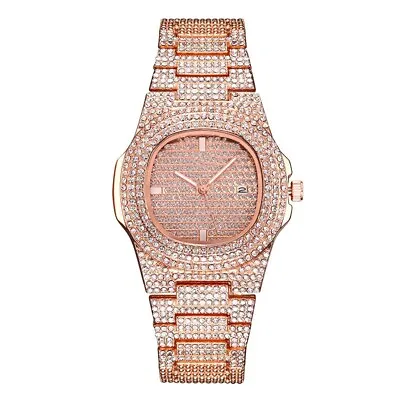 GIFTS FOR MEN Bling Gold Plated Out Diamond Hip Hop Iced Ice Watch & Bracelet • £14.39