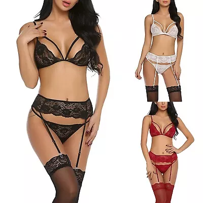 Women Lingerie Sets With Garter Belt 3 Piece Lace Teddy Babydoll Bodysuit • $16.99