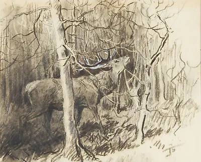 £700 • Buy Lionel Edwards 1878-1966 -silence Is Golden- Stag Deer Branches, Signed Charcoal