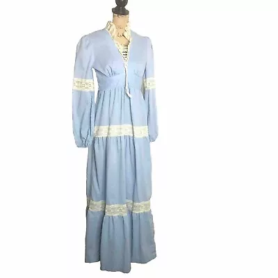 Vintage 70s Pale Blue Renaissance Dress Size 11 Lace Up Boho Prairie Festival • £65.63