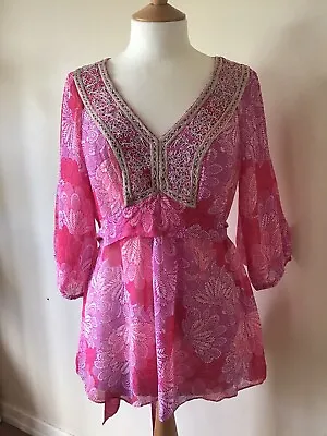 £18 • Buy Monsoon Pink Embroidered & Beaded Floaty Sheer Kaftan Tunic Top Uk 12/14 