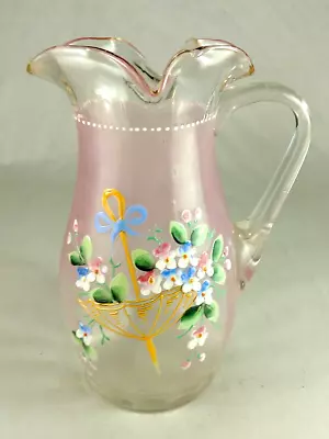 Vintage Hand Blown Art Glass Water Jug With Enamel Hand Painted Umbrella/FLorals • $39