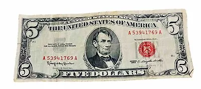 1963 $5 Dollar Bill Red Seal-Old US Paper Currency-7895 • $5.50