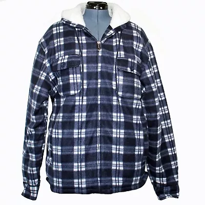 Heavy Thick Flannel Blue Plaid Jacket Sherpa Fleece Lined Hoodie Men's Large • $19.49