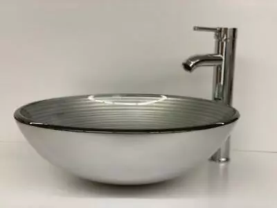 Bathroom Sink Glass Round Vessel Countertop In Simply Silver With Pop-Up Drain • $85