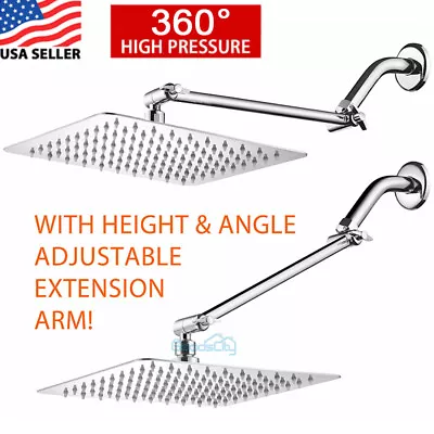 High Pressure Chrome Stainless Steel Square Rainfall Shower Head+Extension Arm • $43.55