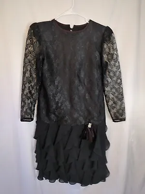 Vintage 80s Black Lace Dress Drop Waist By Lisa Michaels Long Sleeves Sz 4 (CM) • $24.92