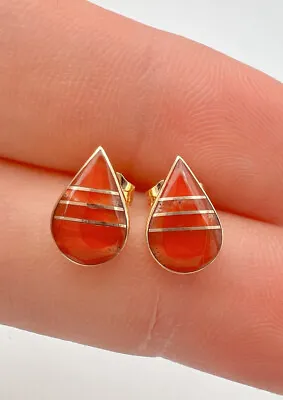 Vtg Navajo 14k Yellow Gold Natural Red Coral Inlay Teardrop Post Stud Earrings • $207