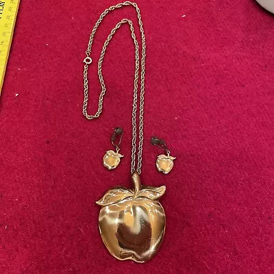 Vintage Solid Copper Apple Shaped Clip Earrings And 24”Necklace Set Preowned • $25