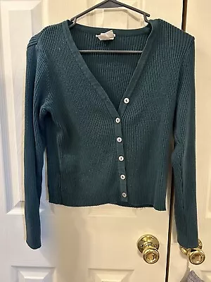 Women's MODA INT'L Green Crop Cardigan Ribbed Knit Sweater V Neck Size S • $14.99