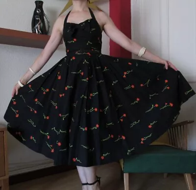 1950s Vintage Black Cotton Halter Floral Dress 50s Circle Skirt • £85