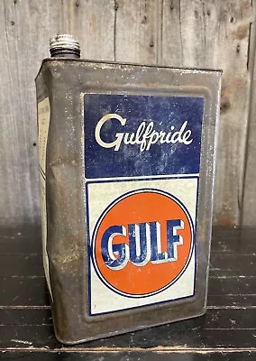 Vintage 5 Gal Gulf Gulfpride Motor Oil Gas Station Advertising Square Tin Can • $195