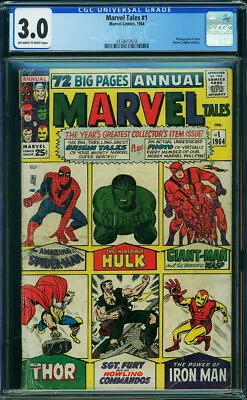 MARVEL TALES #1 CGC 3.0 ORIGINS! SPIDER-MAN! THOR Key Silver 1964 P2 418 Cm • $195