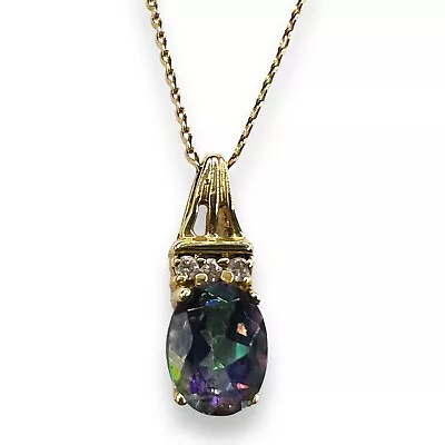 14k Yellow Gold Mystic Topaz Oval Pendant Diamond Necklace 17  • $399