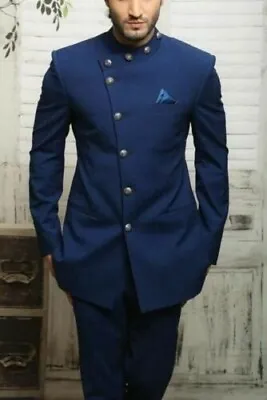 Elegant Mens 2 Piece Suit Blue Jodhpuri Grooms Wedding Suit Indo Western Suit • $175.50