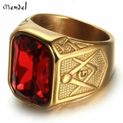 MENDEL Mens Gold Plated Masonic Red CZ Stone Ring Stainless Steel Size 7 9 11-15 • $15.99
