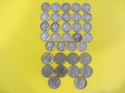 Lot Of 24 Mercury Dimes & 10 Buffalo Nickels • $31.20