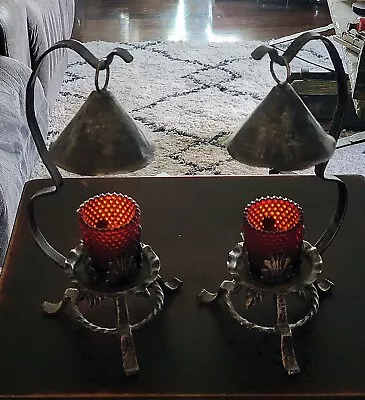 Vintage Pair Of Matching Hand Forged Wrought Iron Candle Stands W/Hobnail Candle • $110