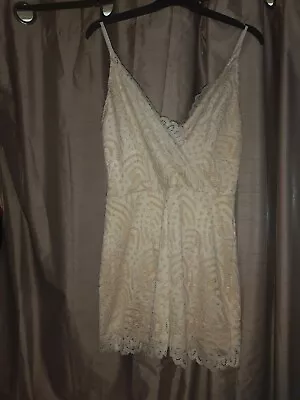 White Lace + Nude Fully Lined Playsuit UK8 V Neck Spaghetti Straps 50s Inf  • £7