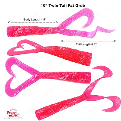 Fish WOW! 4pcs 10  (w/ Tail Extended) Twin Tail Perch Grub Fat Scampi Baits Pink • $15.88