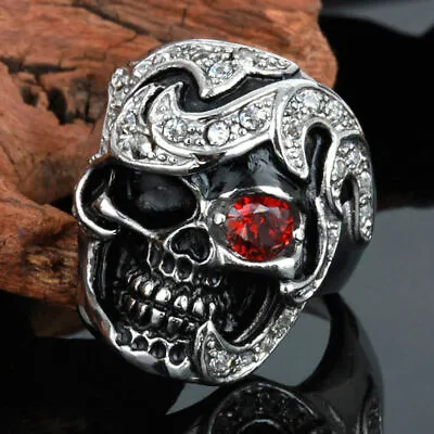 316L Stainless Steel Silver Men's Skull Biker Jewelry Red Crystal Ring Size 8-13 • $9.99