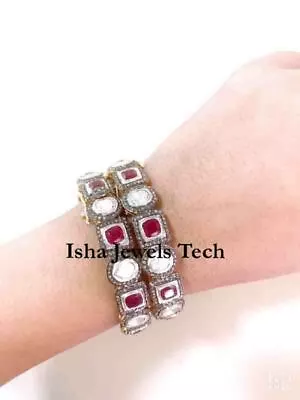 Natural Rose Cut Diamond & Ruby 925 Sterling Silver Bangle Bracelet Jewelry Set • $489