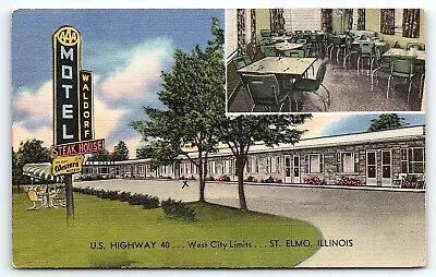 1954 St Elmo Illinois Waldorf Motel And Steak House 3 View Linen Postcard P2993 • $28.99