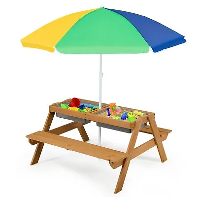 3 In 1 Kids Picnic Table Bench Set Outdoor Activity Table W/Removable Umbrella • £84.95