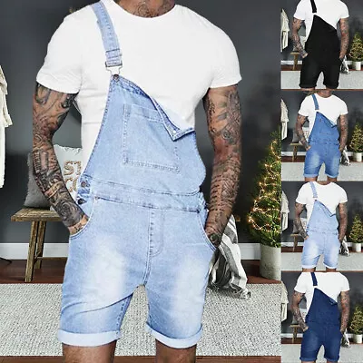 Mens Denim Dungaree Shorts Jeans Strappy Cargo Romper Jumpsuit Playsuit Workwear • $38.99