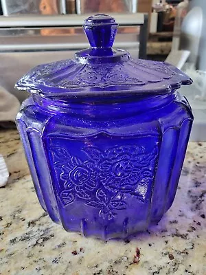 Vintage Anchor Hocking Mayfair Open Rose Cobalt Blue Cookie Jar Depression Glass • $30