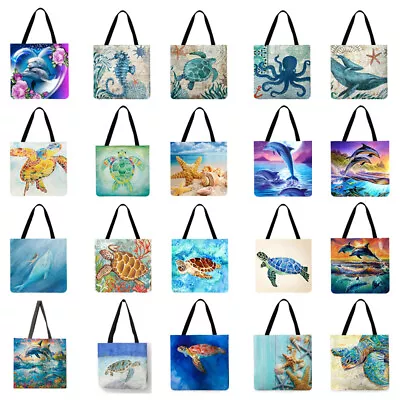 Sea Animal Printed Linen Tote Shoulder Bag Large Capacity Storage For Women Men • $11.76