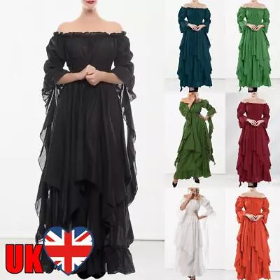 Medieval Renaissance Style Ruffle Long Dress Loose Women Pleated Vacation Outfit • £16.55