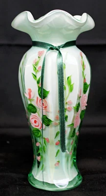 £24.18 • Buy 8  Green Glass Vase Hand Painted Pink Roses Floral Flower Table Home Decor