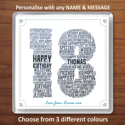 18th Birthday Personalised Word Art Drinks Coaster Gift Present 18 Eighteen • £3.99