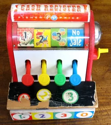 Vintage Fisher Price Toy CASH REGISTER #972 + 5 Wooden Coins • $40