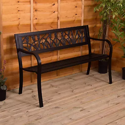 Slatted Garden Bench Wooden Outdoor Seating Wood Slats Steel Legs Patio Seat • £68.99