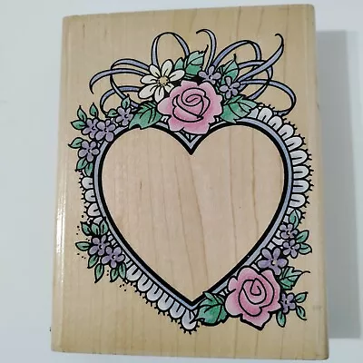 Stampendous Rubber Stamps R067 ROSE LACE BIG HEART FRAME FLOWERS LOVE 1998 Wood • $5.99