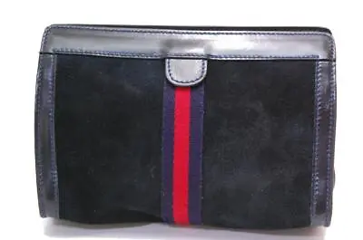 Auth GUCCI Suede Sherry Line Clutch Bag Pouch Navy 0301a • $88