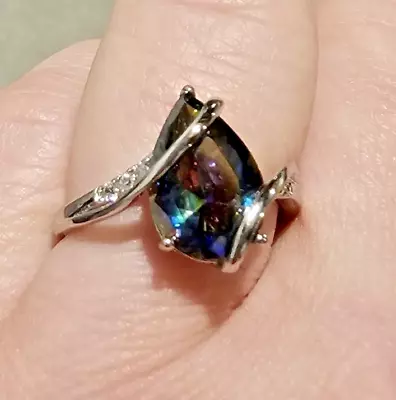 Sterling 925 Pear Shape Mystic Topaz Diamond Ring Size 8 • $68.99